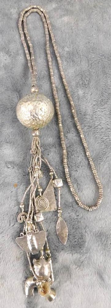 Sterling Silver - 28" Ornate Necklace with Large Ball and Hanging Charms -87.1 Grams: See Photos For Condition and Details