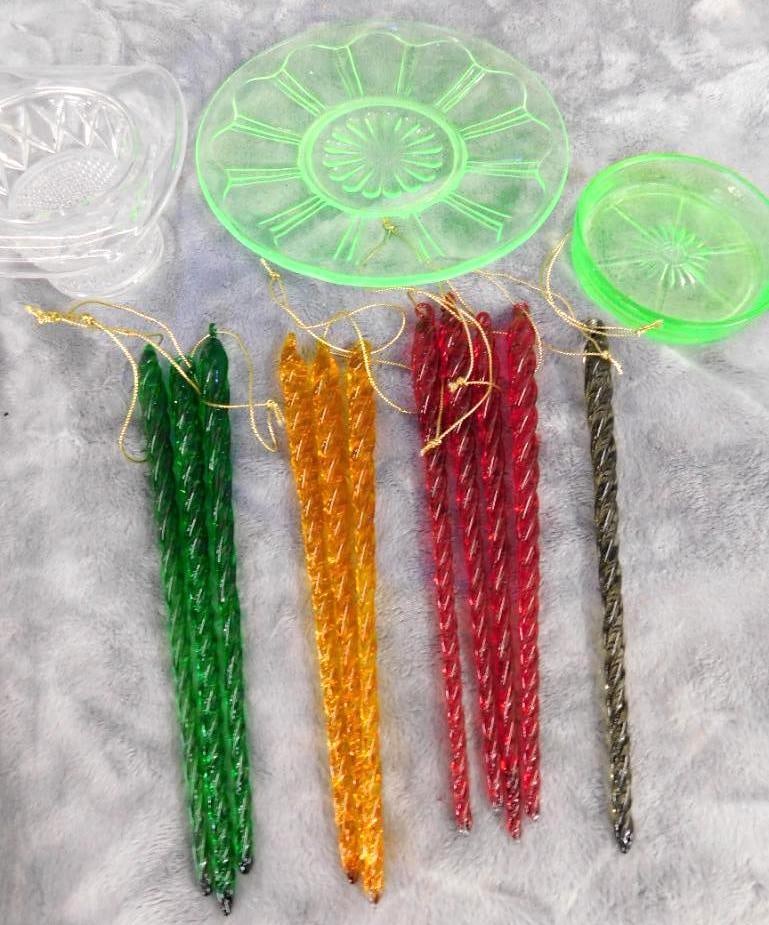 Box Lot - Glass Icicles - Crystal Top Hat - Vaseline / Uranium Glass Coaster and Plate: See Photos For Condition and Details