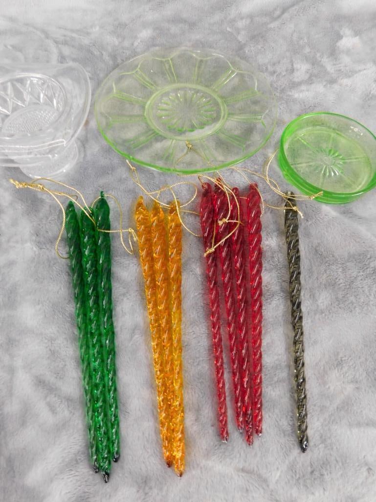Box Lot - Glass Icicles - Crystal Top Hat - Vaseline / Uranium Glass Coaster and Plate - 2