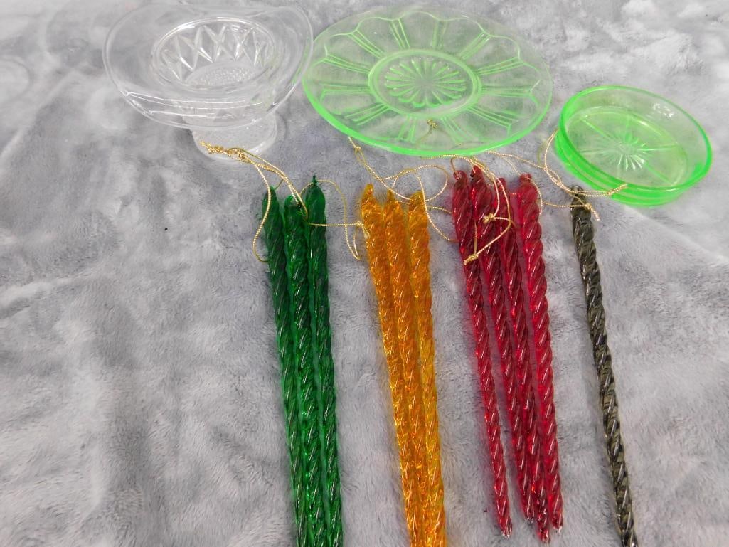 Box Lot - Glass Icicles - Crystal Top Hat - Vaseline / Uranium Glass Coaster and Plate - 9