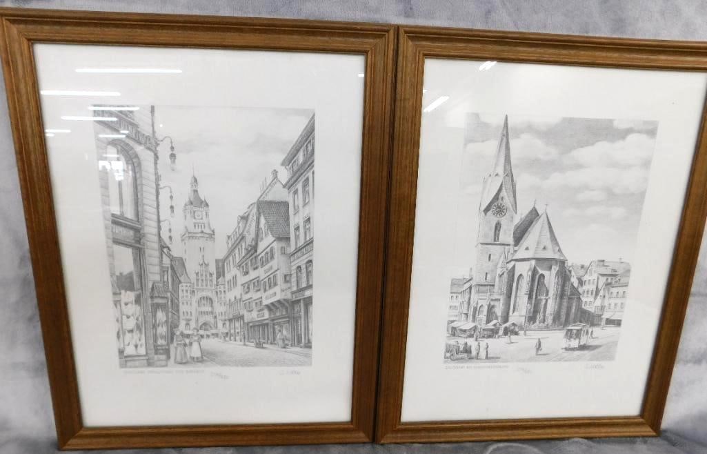 Pair of Vintage Pre WW2 Limited Edition Engravings - "Stuttgart" - Each 17.5" x 13.5": German - These Buildings Were Destroyed During The War - See Photos For Condition and Details