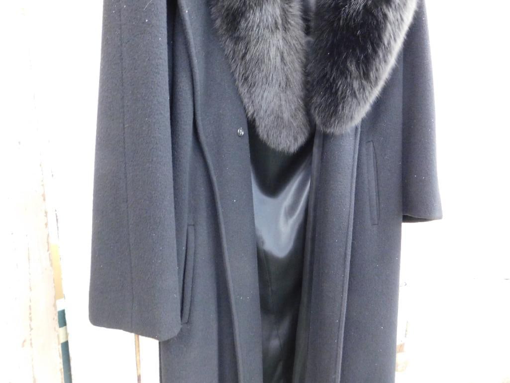Vintage Ladies Wool 3/4 Length Coat with Real Fur Collar - Size 14 - 55" Long - 3