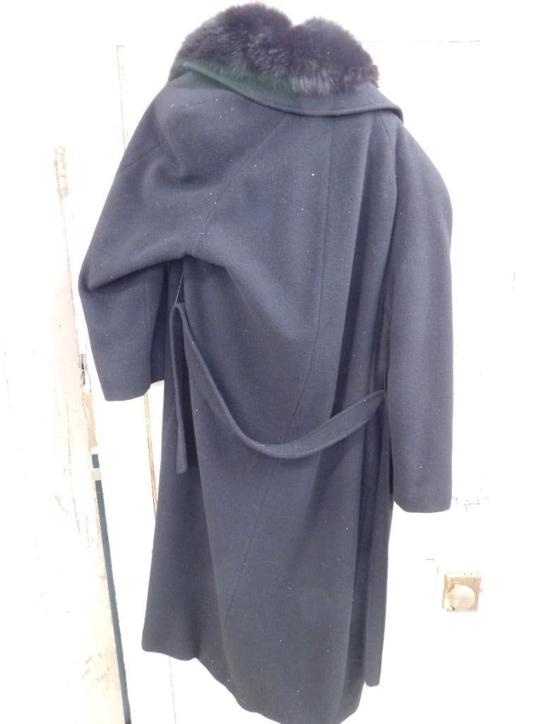 Vintage Ladies Wool 3/4 Length Coat with Real Fur Collar - Size 14 - 55" Long - 6