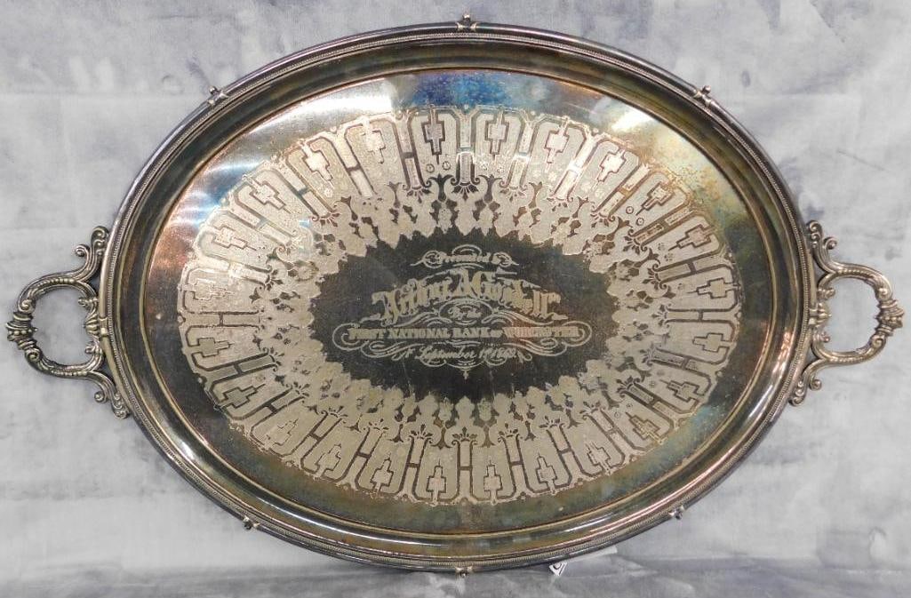 Silver Plate Presentation Platter From 1869 - First National Bank of Worcester - 31" x 20": See Photos For Condition and Details