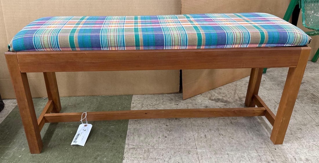 modern teak? bench: 19 1/2 inches tall by 41 inches wide by 13 inches deep. cushion is removable