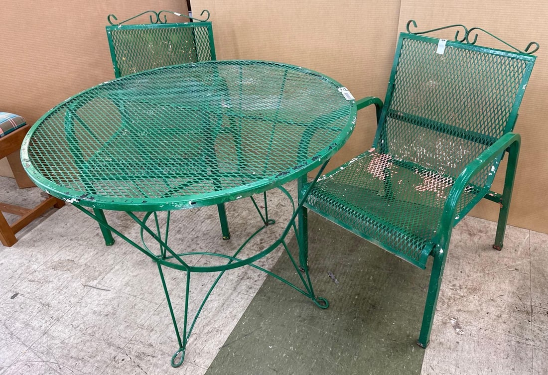 Green painted outdoor table and chairs: table is 28 inches tall x 36 inches across. Chairs are 33 inches tall 21 inches wide by 21 inches deep.