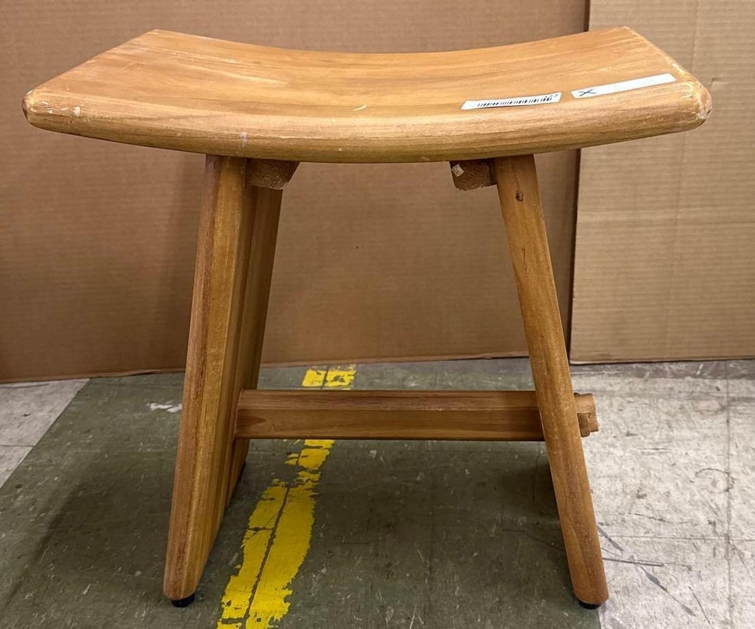 Teak stool with curved top: Nordic style 18 inches tall 18 inches wide 12 inches deep.