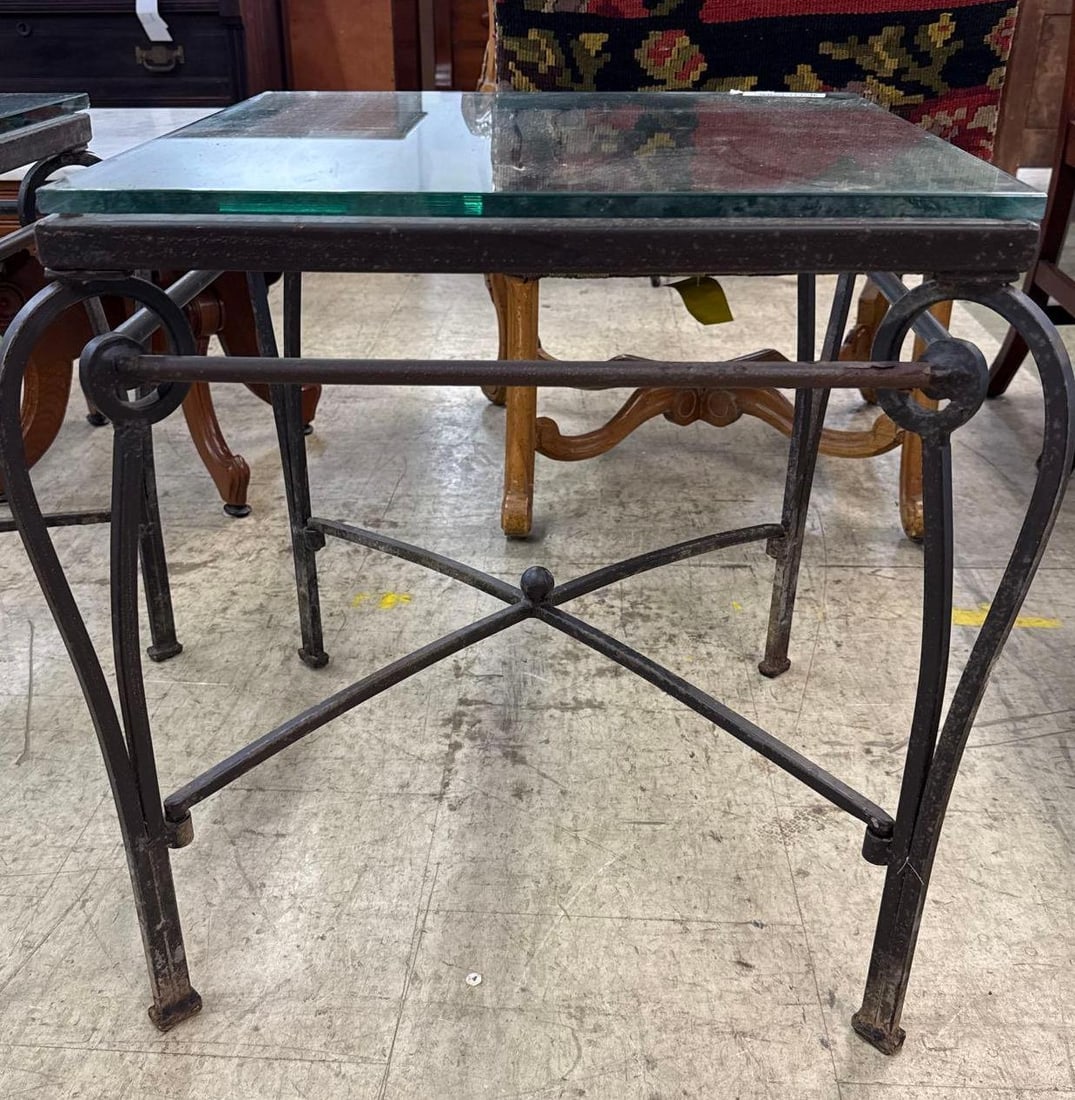 Glass top wrought-iron side table: 23 inches tall 22 inches Square