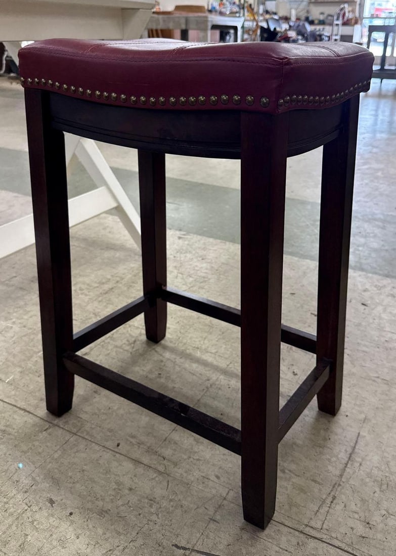Faux red leather seat stool: 26 inches tall 17 1/2 inches wide 12 inches deep