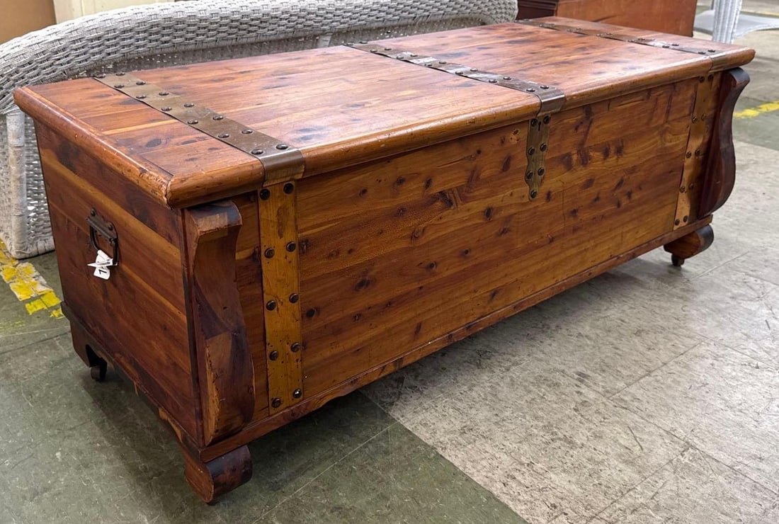 cedar blanket chest with copper strapping: 19 inches tall 48 inches wide and a half inches deep