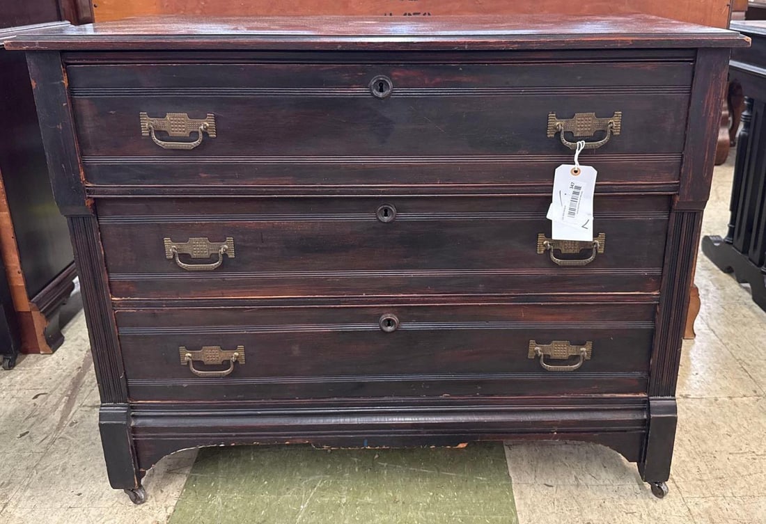 three drawer dresser: 32 1/2 inches tall 40 1/2 inches wide 19 inches deep. Red stain.