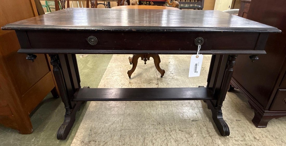 vintage inlaid trestle table: 30 inches tall 48 inches wide 26 inches deep. Single drawer.