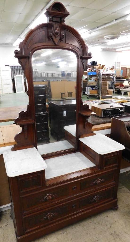 carved walnut antique vanity dresser: 88 x 48 1/2 x 18 1/4. Marble top, carved handles East Lake design.