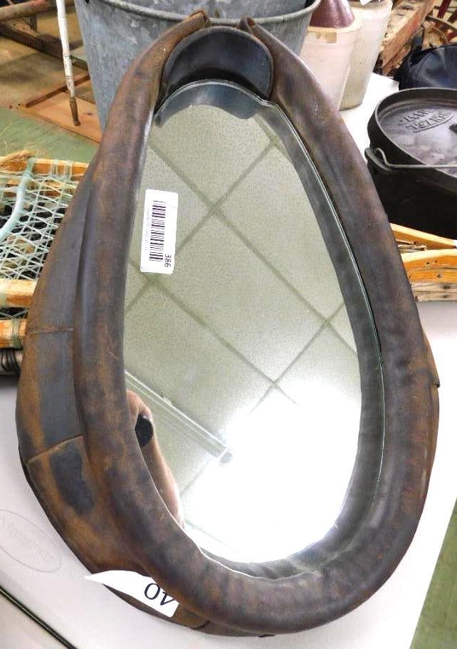 vintage leather harness mirror: 15 1/4 inches wide by 19 1/2 inches tall by 5 inches deep