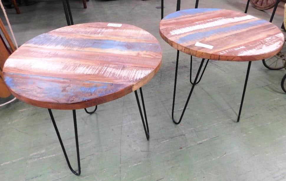 pair of painted distressed round tables: Wrought iron legs 21 x 22 round