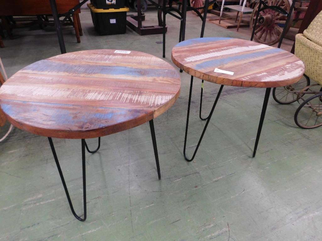 pair of painted distressed round tables - 7