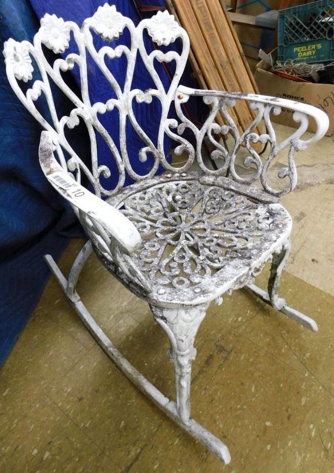victorian aluminum white patio rocker: 28 1/2 x 22 x 30 1/2 inches. heart shaped pattern
