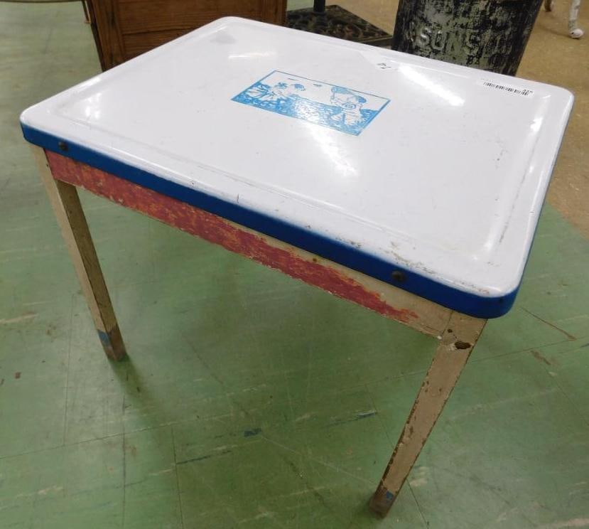 Vintage Childs Enamel Top Table - 17" x 20" x 16": See Photos For Condition and Details