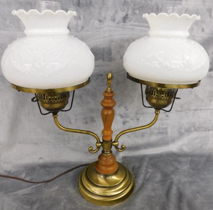 2 Light Parlor Lamp - Milk Glass Eagle Shades - 20" x 19" x 7": See Photos For Condition and Details
