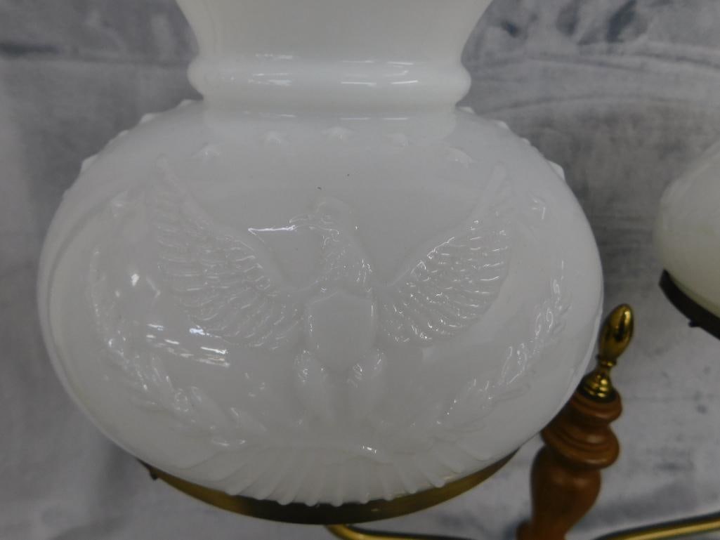 2 Light Parlor Lamp - Milk Glass Eagle Shades - 20" x 19" x 7" - 2