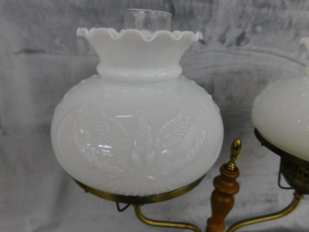 2 Light Parlor Lamp - Milk Glass Eagle Shades - 20" x 19" x 7" - 3