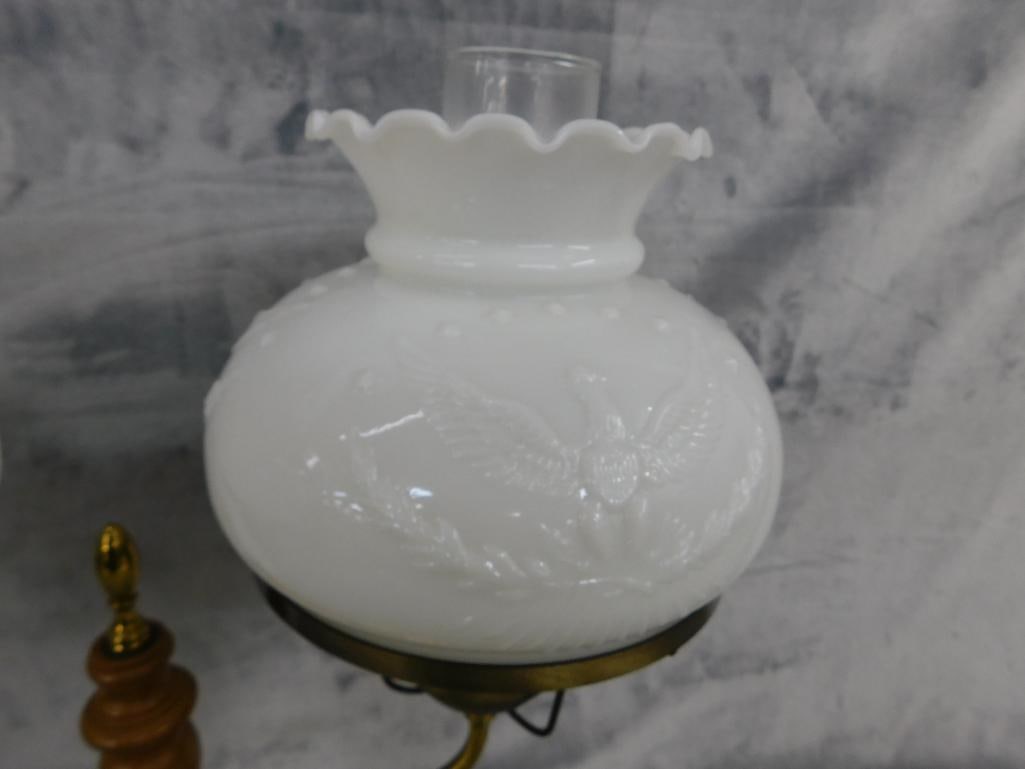 2 Light Parlor Lamp - Milk Glass Eagle Shades - 20" x 19" x 7" - 5