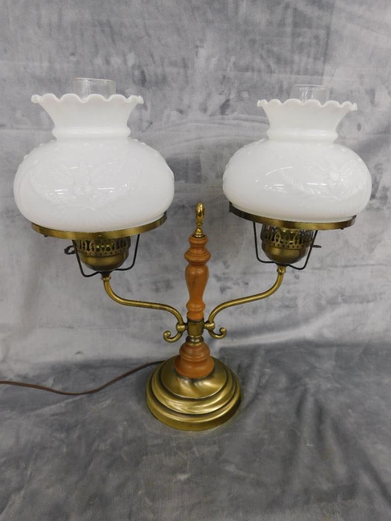 2 Light Parlor Lamp - Milk Glass Eagle Shades - 20" x 19" x 7" - 9