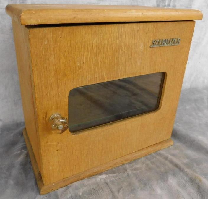 Vintage Oak Sterilizer Cabinet - Glass Shelves - 13" x 13.5" x 8": See Photos For Condition and Details