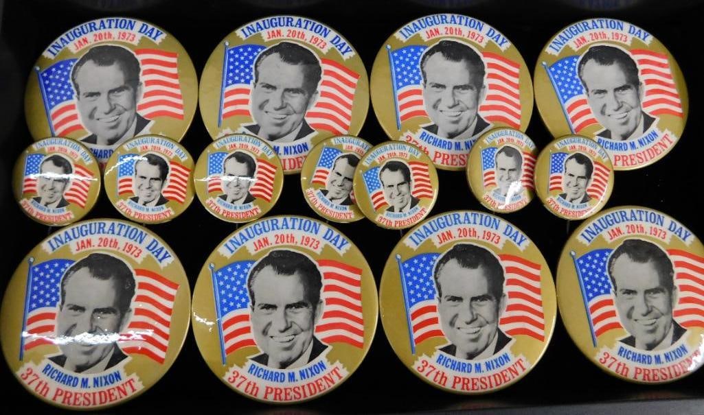 Tray Lot of 15 1973 Richard Nixon Inauguration Day Buttons - 1.75" and 3.5": See Photos For Condition and Details