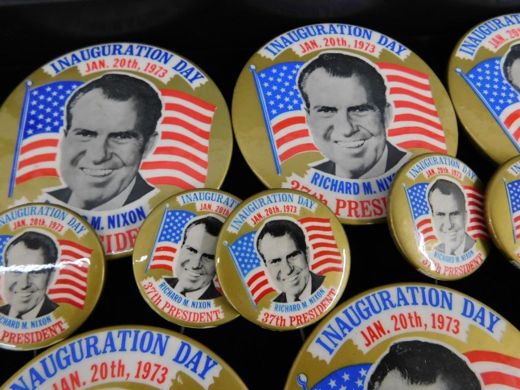 Tray Lot of 15 1973 Richard Nixon Inauguration Day Buttons - 1.75" and 3.5" - 3