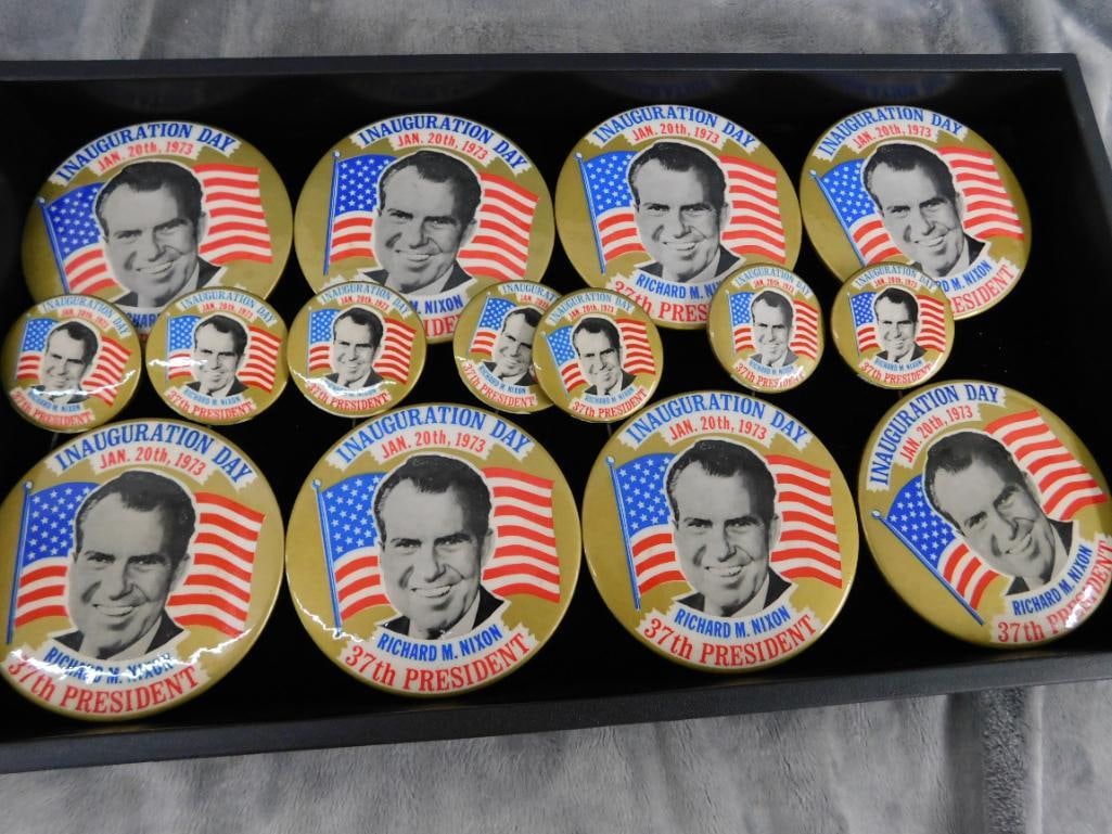Tray Lot of 15 1973 Richard Nixon Inauguration Day Buttons - 1.75" and 3.5" - 9