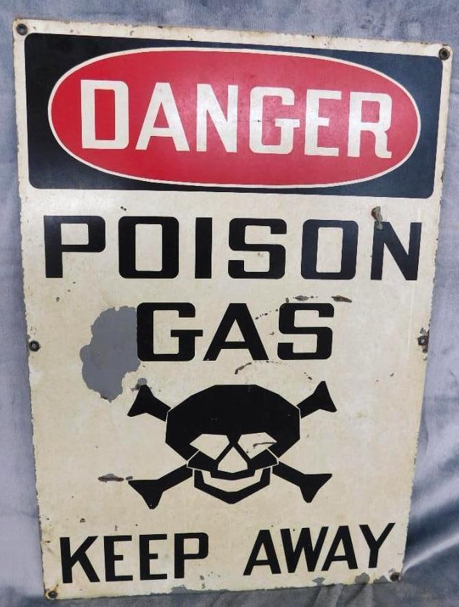 Vintage "Poison Gas - Keep Away" Painted Metal Sign - 20" x 14": See Photos For Condition and Details