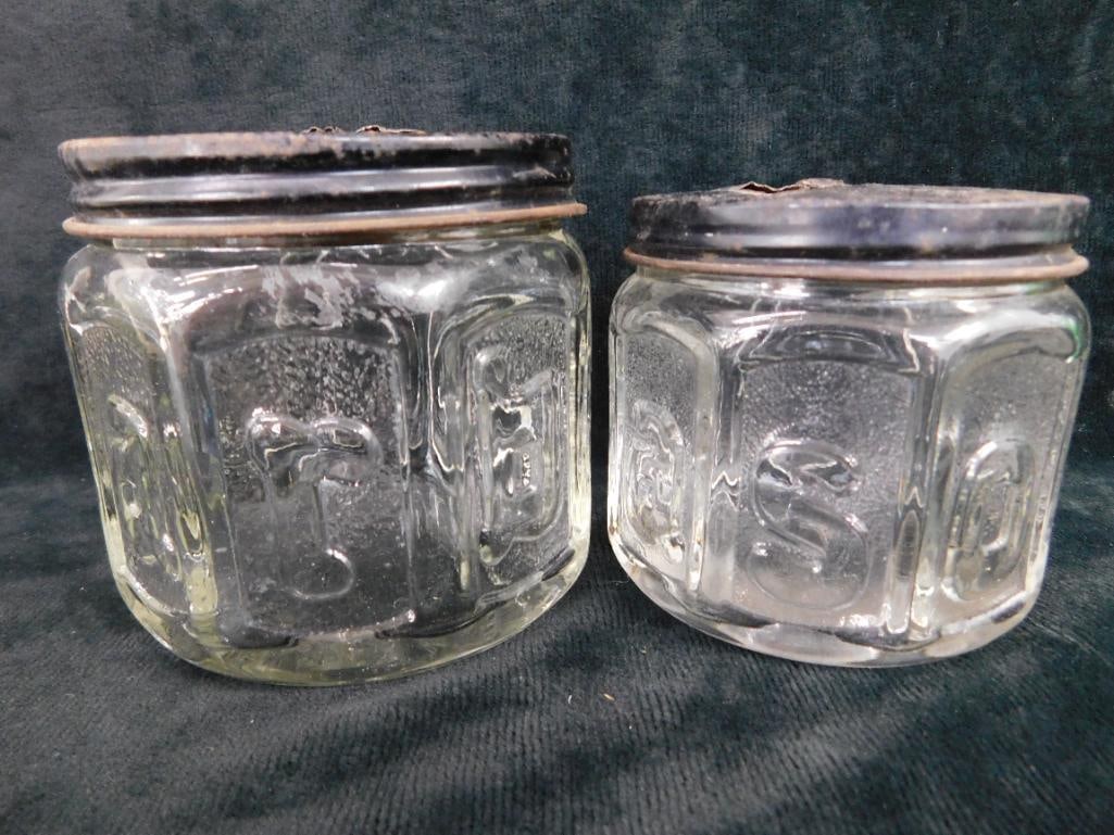 Group of 4 Vintage Glass Jars - Green Glass Lidded Water - 2 Barbasol Jars - 1 Ball Jar - 2