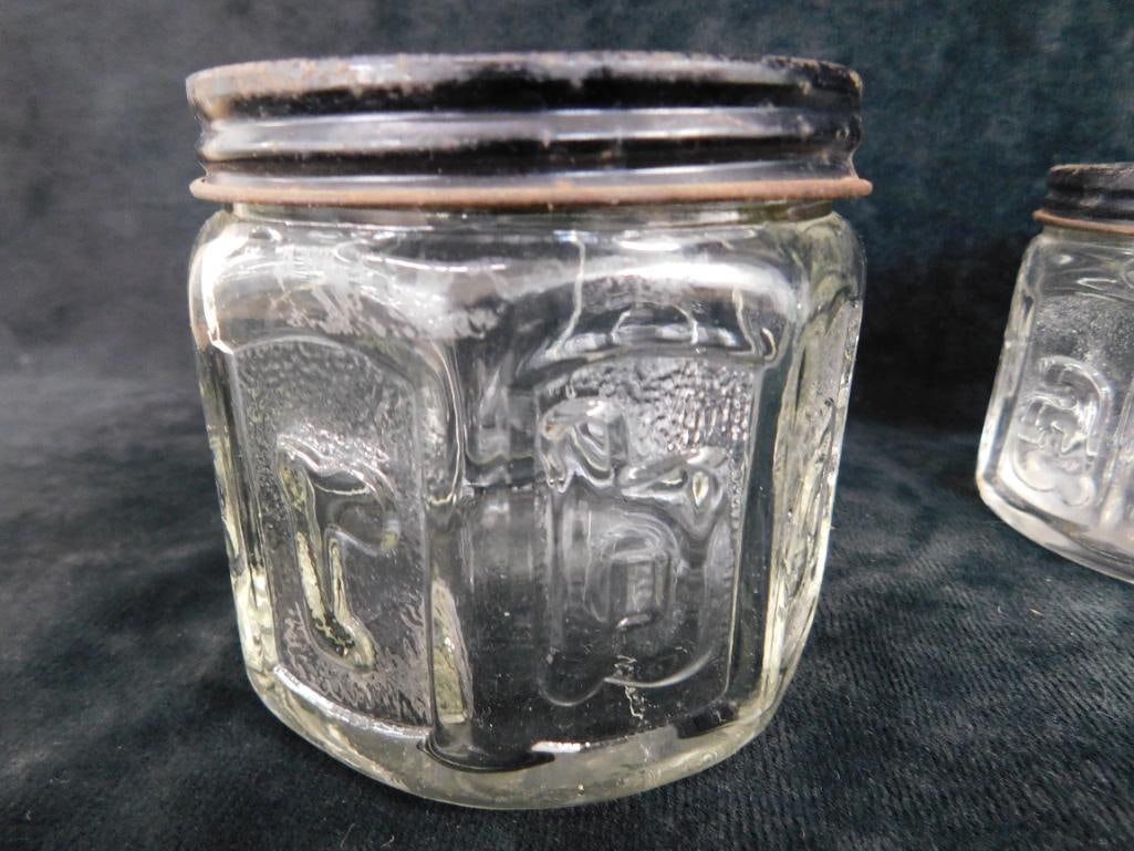 Group of 4 Vintage Glass Jars - Green Glass Lidded Water - 2 Barbasol Jars - 1 Ball Jar - 3