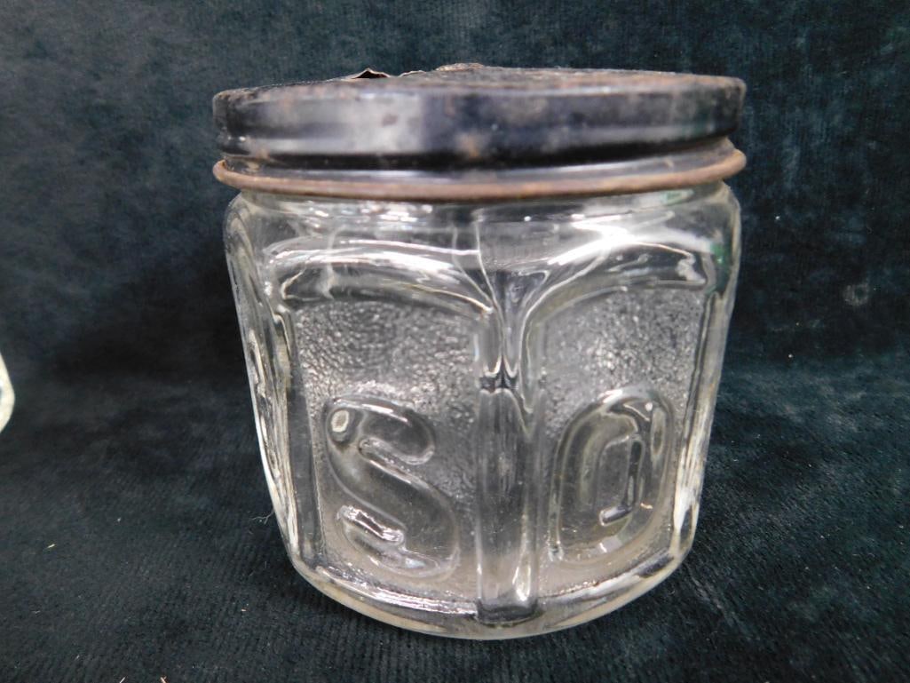 Group of 4 Vintage Glass Jars - Green Glass Lidded Water - 2 Barbasol Jars - 1 Ball Jar - 6