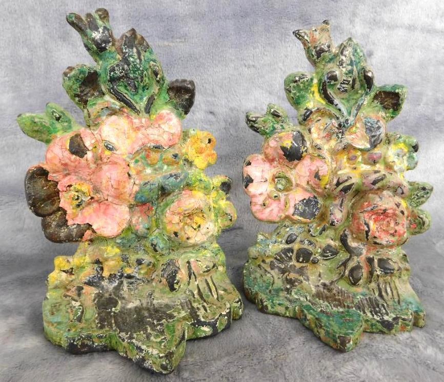 Pair of Painted Cast Iron Bookends - Flowers - Each 6.5" x 4" x 2.5": See Photos For Condition and Details
