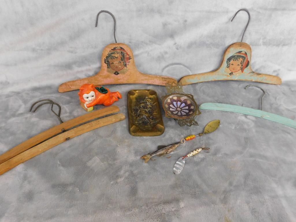 Box Lot with Butterfly Wing Trinket Tray - 1945 French Ashtray - Devil Pin Cushion - 18