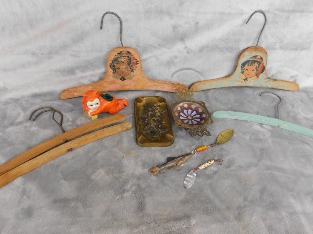 Box Lot with Butterfly Wing Trinket Tray - 1945 French Ashtray - Devil Pin Cushion - 19