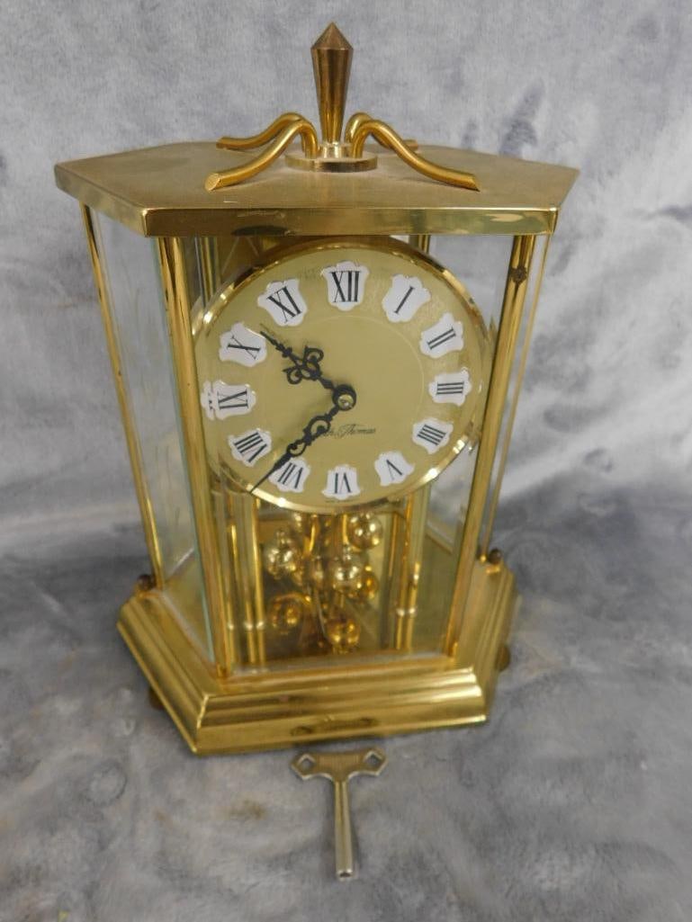 Seth Thomas Brass and Glass 8 Day Mantle Clock with Key - 10" x 7" x 4.75" - 12
