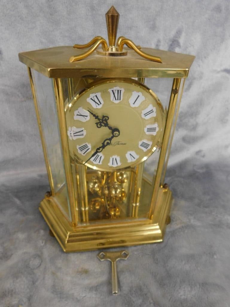 Seth Thomas Brass and Glass 8 Day Mantle Clock with Key - 10" x 7" x 4.75" - 13