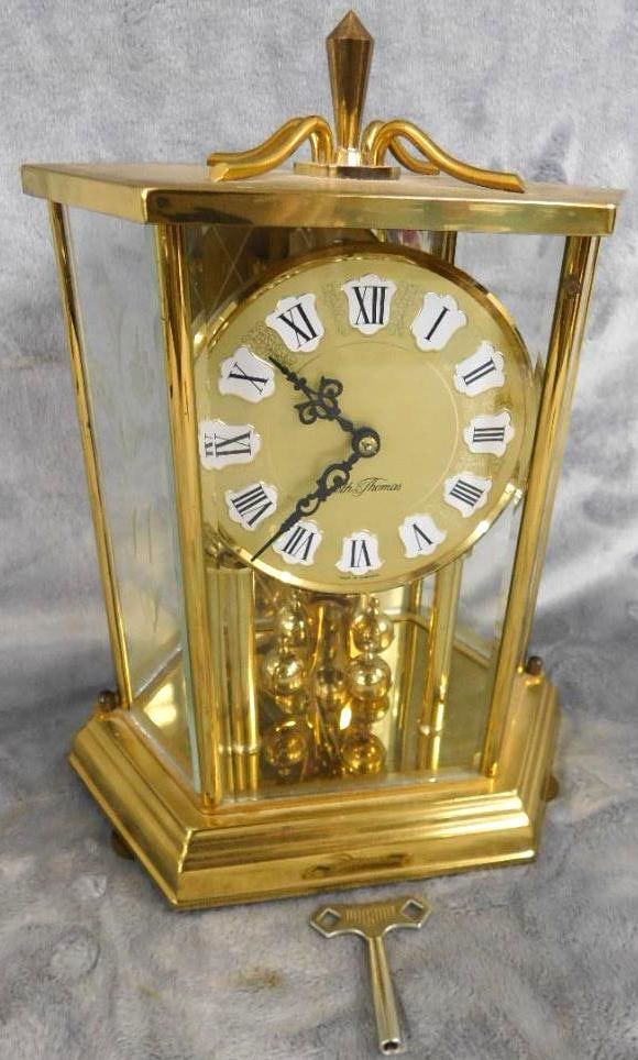 Seth Thomas Brass and Glass 8 Day Mantle Clock with Key - 10" x 7" x 4.75": See Photos For Condition and Details