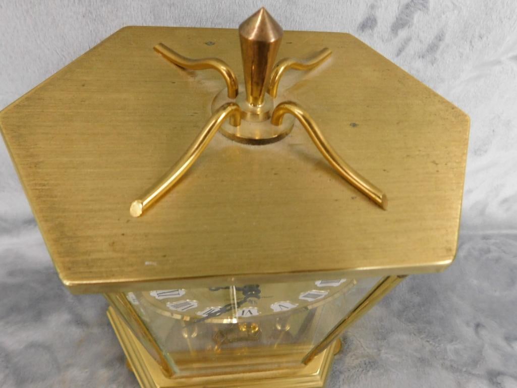 Seth Thomas Brass and Glass 8 Day Mantle Clock with Key - 10" x 7" x 4.75" - 3