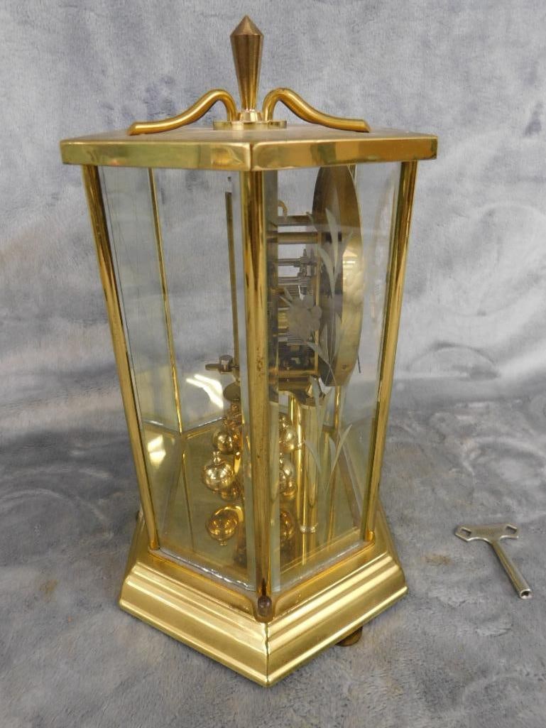 Seth Thomas Brass and Glass 8 Day Mantle Clock with Key - 10" x 7" x 4.75" - 7