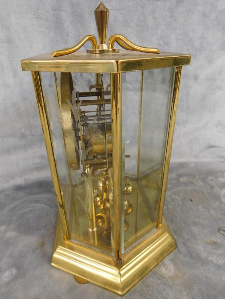 Seth Thomas Brass and Glass 8 Day Mantle Clock with Key - 10" x 7" x 4.75" - 9