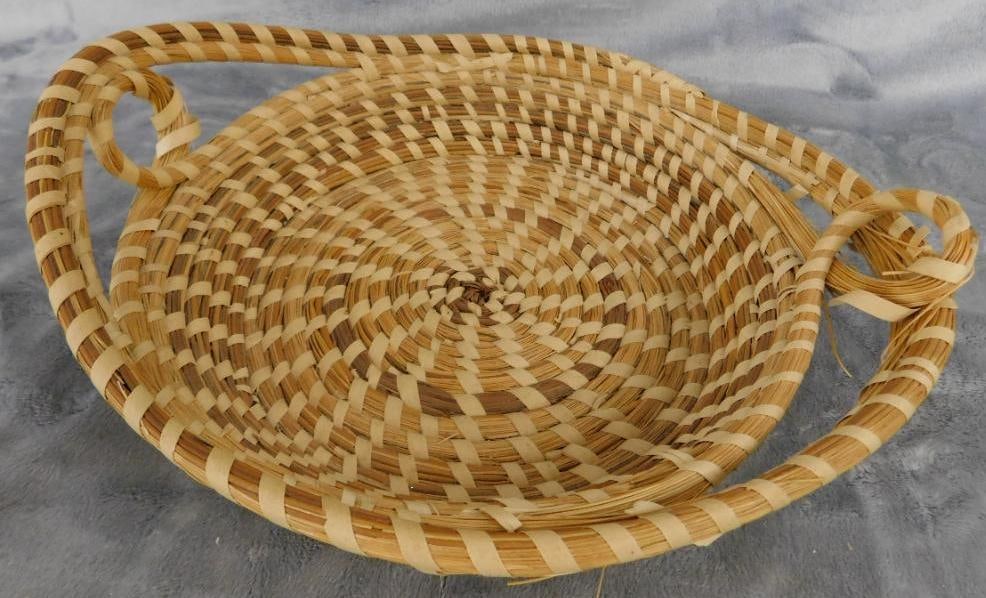 Charleston SC Sweet Grass Basket - Needs Repair - Handled Bowl - 4" x 12" x 10": See Photos For Condition and Details