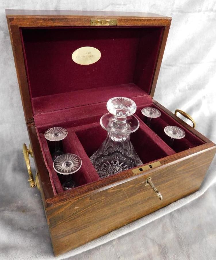 Tiffany and Co. Tantalus - Crystal Decanter with 4 Cordial Glasses - All Signed: The Stopper Is Stuck - Box 8.5" x 12" x 8" - See Photos For Condition and Details