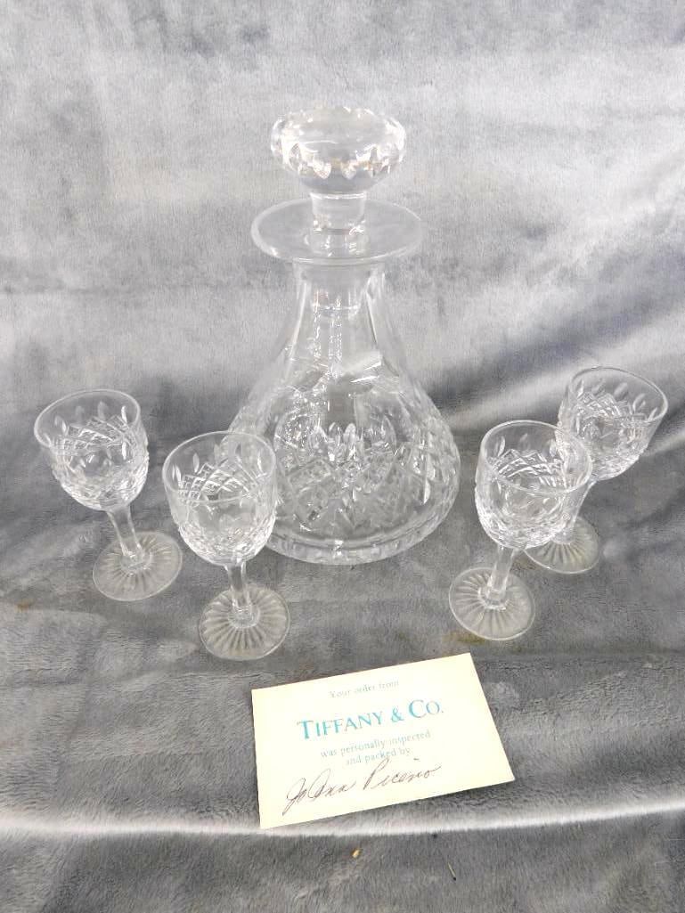 Tiffany and Co. Tantalus - Crystal Decanter with 4 Cordial Glasses - All Signed - 2