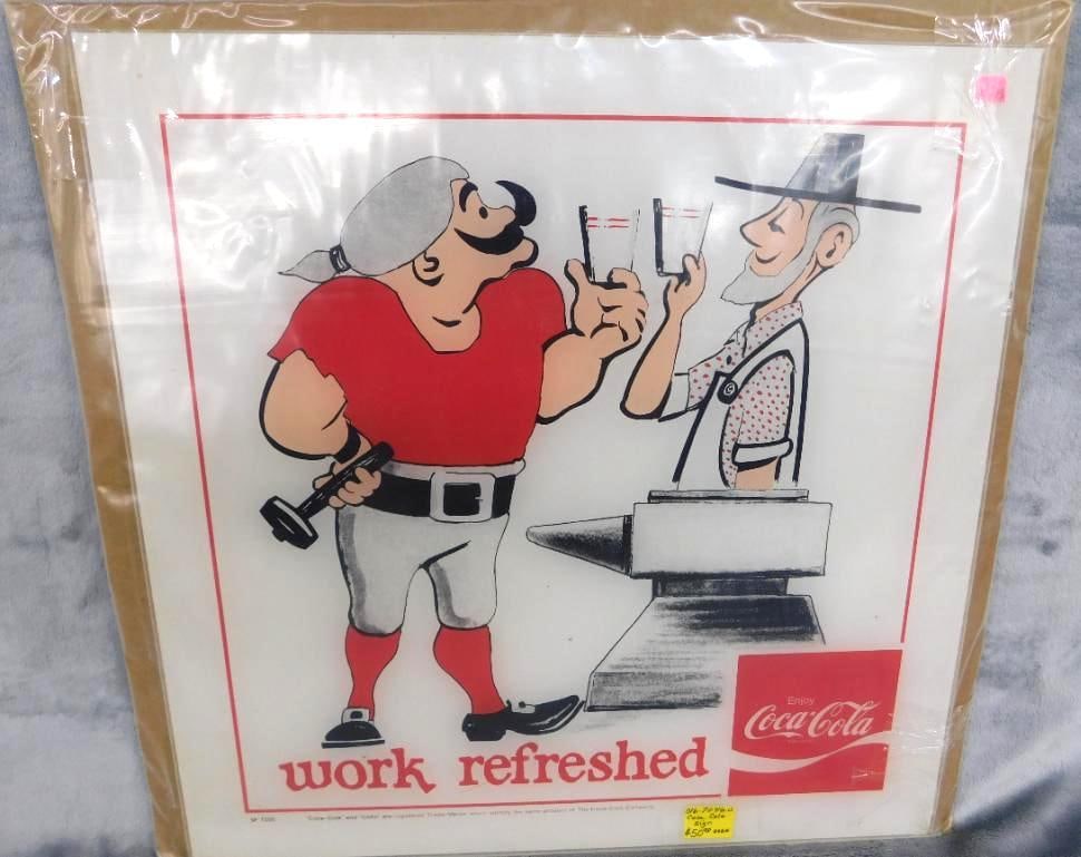 Very Rare 1972 NRA Show Coca Cola Backlit Panel - 15" x 15" "Work Refreshed": Only Released For The 1972 National Restaurant Association Show - See Photos For Condition and Details