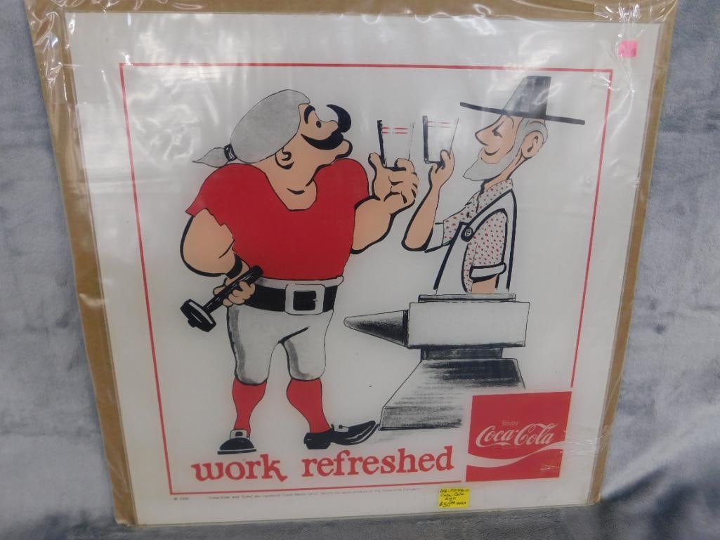 Very Rare 1972 NRA Show Coca Cola Backlit Panel - 15" x 15" "Work Refreshed" - 8