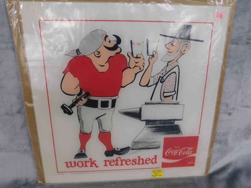 Very Rare 1972 NRA Show Coca Cola Backlit Panel - 15" x 15" "Work Refreshed" - 9